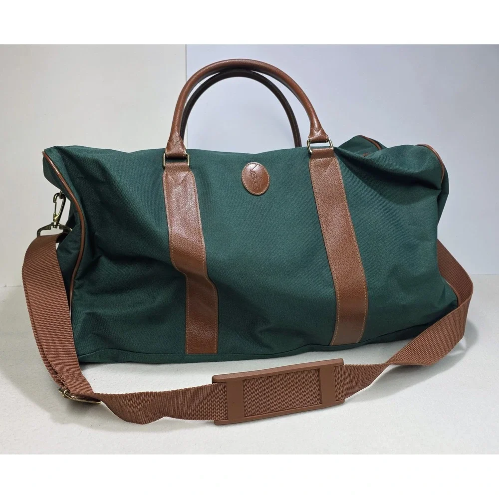 90s Polo Ralph Lauren Large Travel Duffel Bag Green Canvas Shoulder Strap